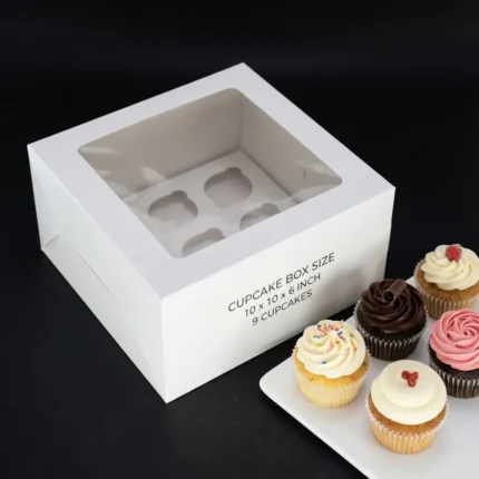 Premium closed white 9- cupcake box with a clear top window and custom insert tray showing 10x10x6 inch size