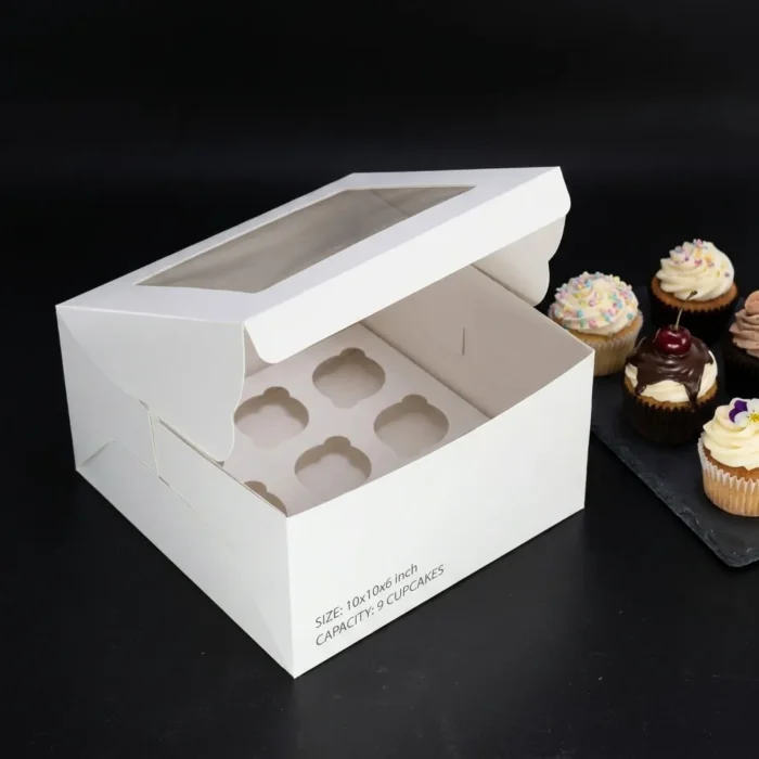 Premium closed white 9- cupcake box with a clear top window and custom insert tray showing 10x10x6 inch size