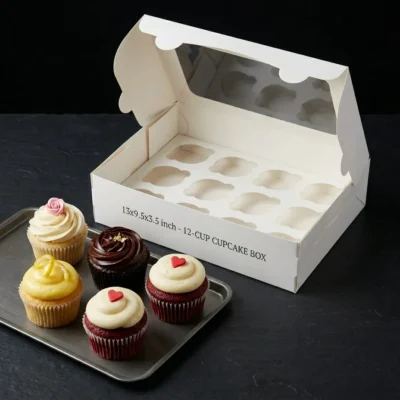 packaging Premium white 12-cupcake box with an oversized clear window and custom internal tray showing 13x9.5x3.5 inch size dimensions