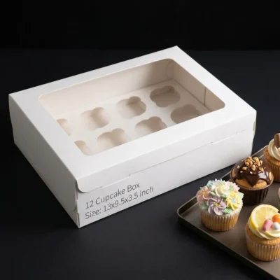 Premium white 12-cupcake box with an oversized clear window and custom internal tray showing 13x9.5x3.5 inch size dimensions